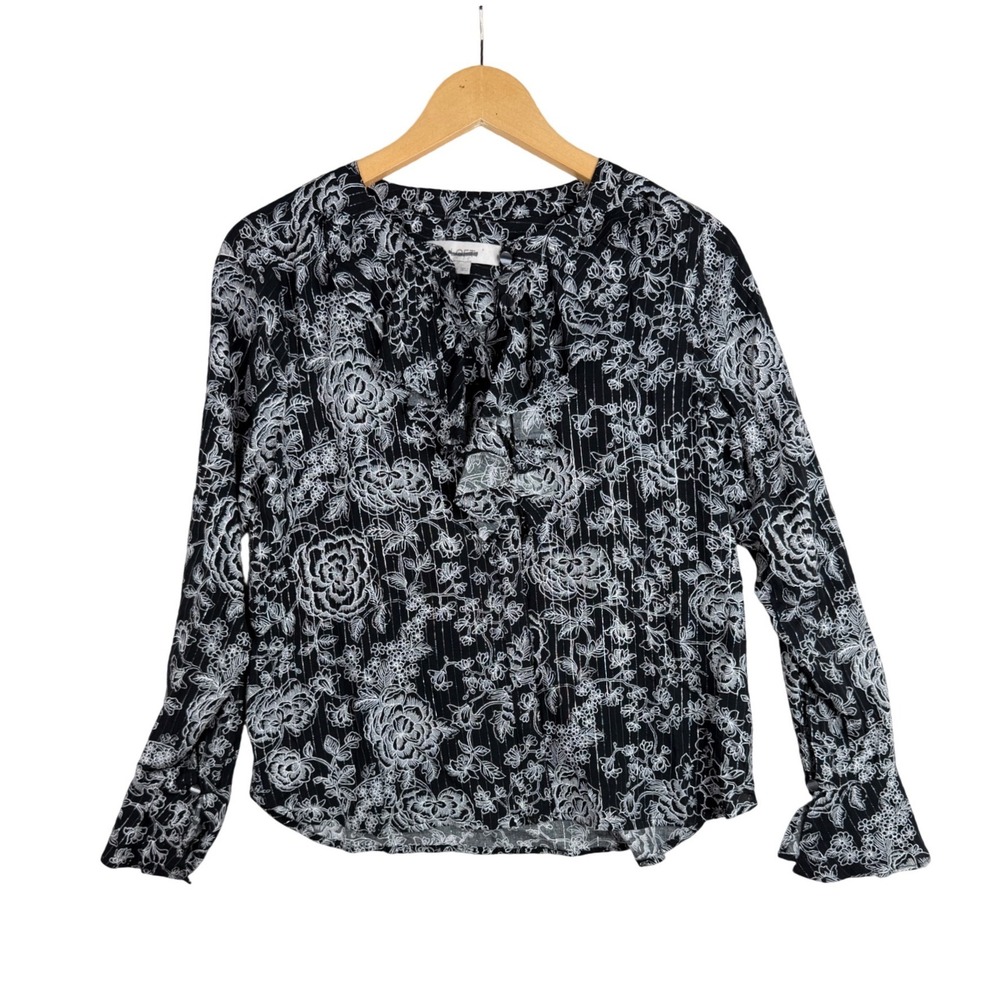 Loft Floral Print Long Sleeve Blouse size XS Black/White